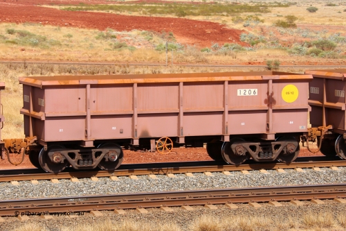 1206 141124 6871
Robe River ore waggon 1206, built by Bradken Rail Qld in May 2012, fixed coupler handbrake side empty view at the 25 km at Arches Siding on the Cape Lambert line. November 24, 2014.
Keywords: 1206;Bradken-Rail-Qld;Robe-ore-waggon;
