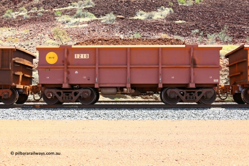 1210 160306 1415
Robe River ore waggon 1210, built by Bradken Rail Qld in May 2012, non-handbrake side loaded view at Greenpool on the Cape Lambert line. March 6, 2016.
Keywords: 1210;Bradken-Rail-Qld;Robe-ore-waggon;