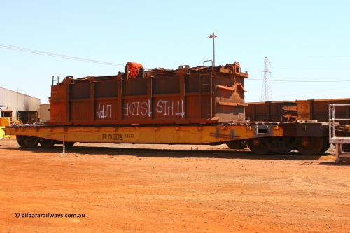 5003 070909 0669
Robe River flat waggon 5003 with recovered ore waggon, 765. At the Cape Lambert shops. September 9, 2007.
Keywords: 5003;Robe-flat-waggon;