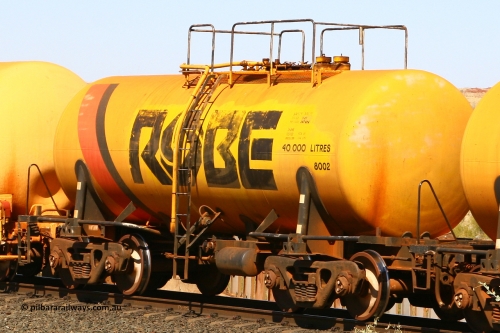 8002 070915 0882
Robe River diesel fuel tank waggon 8002 running loaded at the front of an empty ore train, built by Comeng NSW in September 1972 with a 45,000 litre capacity, at the 73.4 km on the Deepdale line, Western Creek, September 15, 2007.
Keywords: 8002;Comeng-NSW;Robe-tank-waggon;