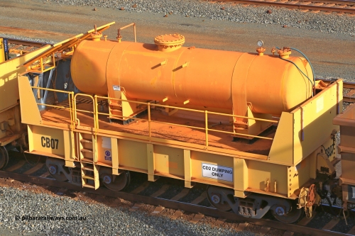 IC20-CB07 240619 0320
Robe River compressor waggon CB07 was originally IC 20 with air receiver. These waggons were ballasted to 100 tonnes each and are modified ore waggons and used for CD2 DUMPING ONLY. Cape Lambert yard June 19, 2024.
Keywords: IC20;Robe-compressor-waggon;