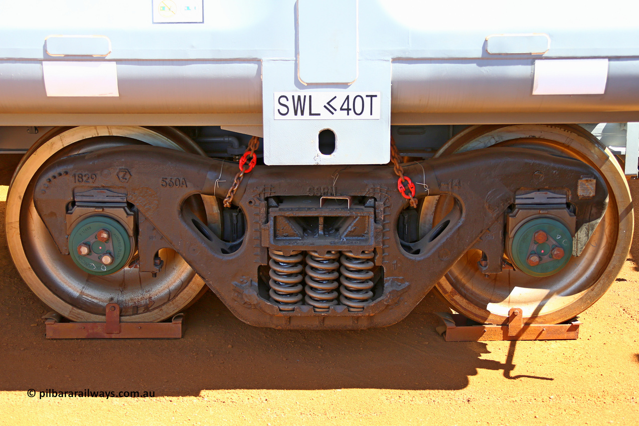 150314 7779
Wedgefield, following the delivery of Roy Hill's 1196 new GA type CCK138 model waggons, they were stored in several site whilst awaiting for enough track to be laid to allow delivery onto rail. GA2080 side view showing the SSRM bogie. March 14. 2015.
Keywords: GA-type;GA2080;CSR-Yangtze;CCK138