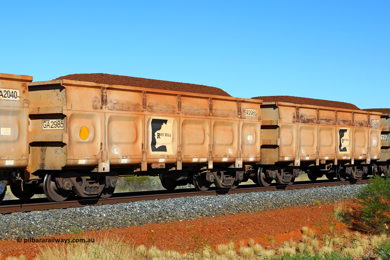 250501 0306
At the 88.448 km, just south of HPPL crossing loop on the Roy Hill line, loaded Roy Hill waggon pair GA 2985 - GA 2986, built in China by CSR Yangtze as an CCK138 model ore waggon. May 1, 2025.
Keywords: GA-type;GA2985-GA2986;CSR-Yangtze;CCK138;