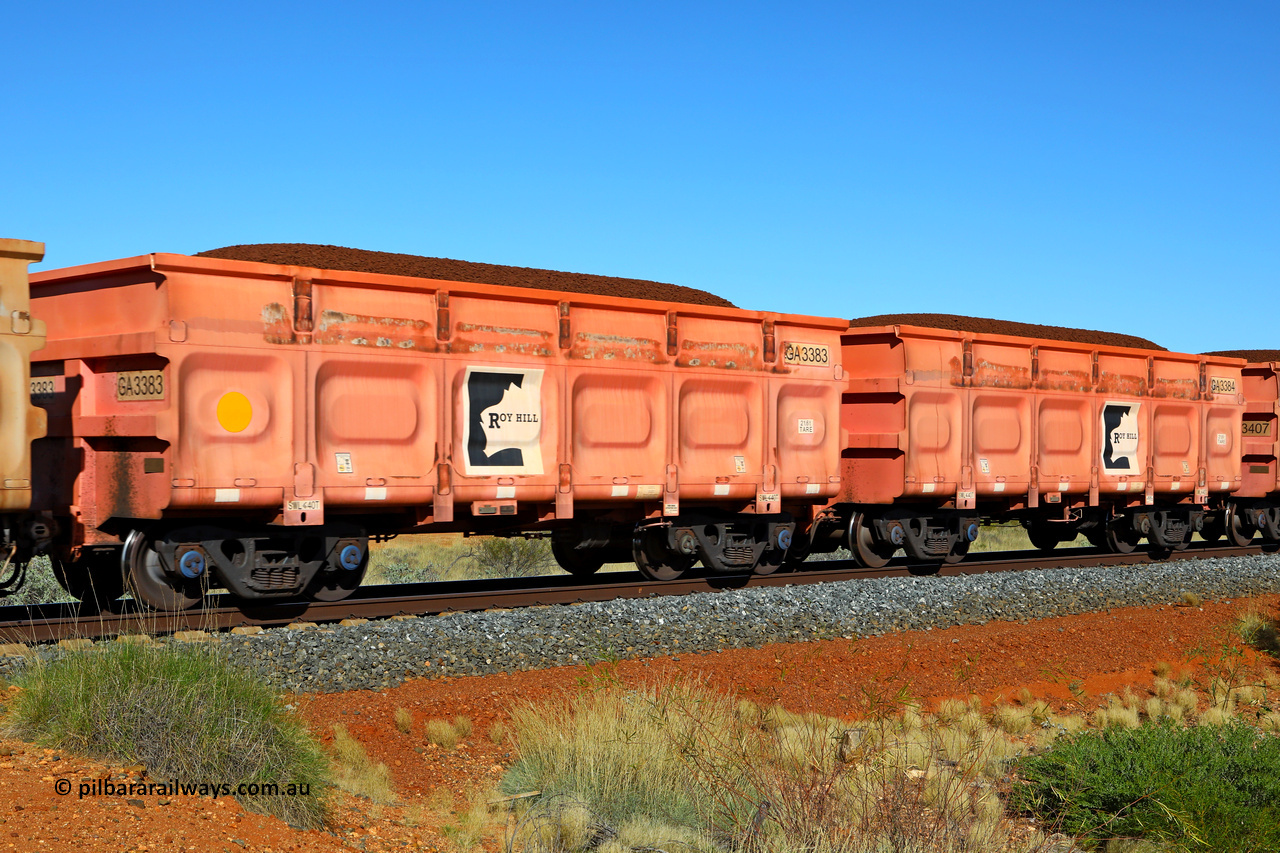 250501 0344
At the 88.448 km, just south of HPPL crossing loop on the Roy Hill line, loaded Roy Hill waggon pair GA 3383 - GA 3384, built in China by CRRC Yangtze as an CCK138 model ore waggon in Breast Cancer Awareness pink livery. May 1, 2025.
Keywords: GA-type;GA3383-GA3384;CRRC-Yangtze;CCK138;