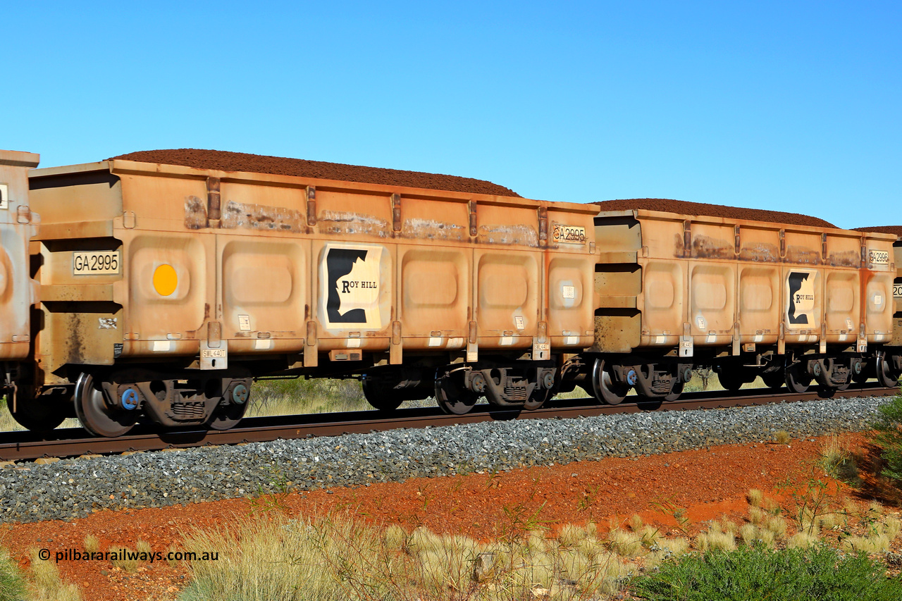 250501 0348
At the 88.448 km, just south of HPPL crossing loop on the Roy Hill line, loaded Roy Hill waggon pair GA 2995 - GA 2996, built in China by CSR Yangtze as an CCK138 model ore waggon. May 1, 2025.
Keywords: GA-type;GA2995-GA2996;CSR-Yangtze;CCK138;
