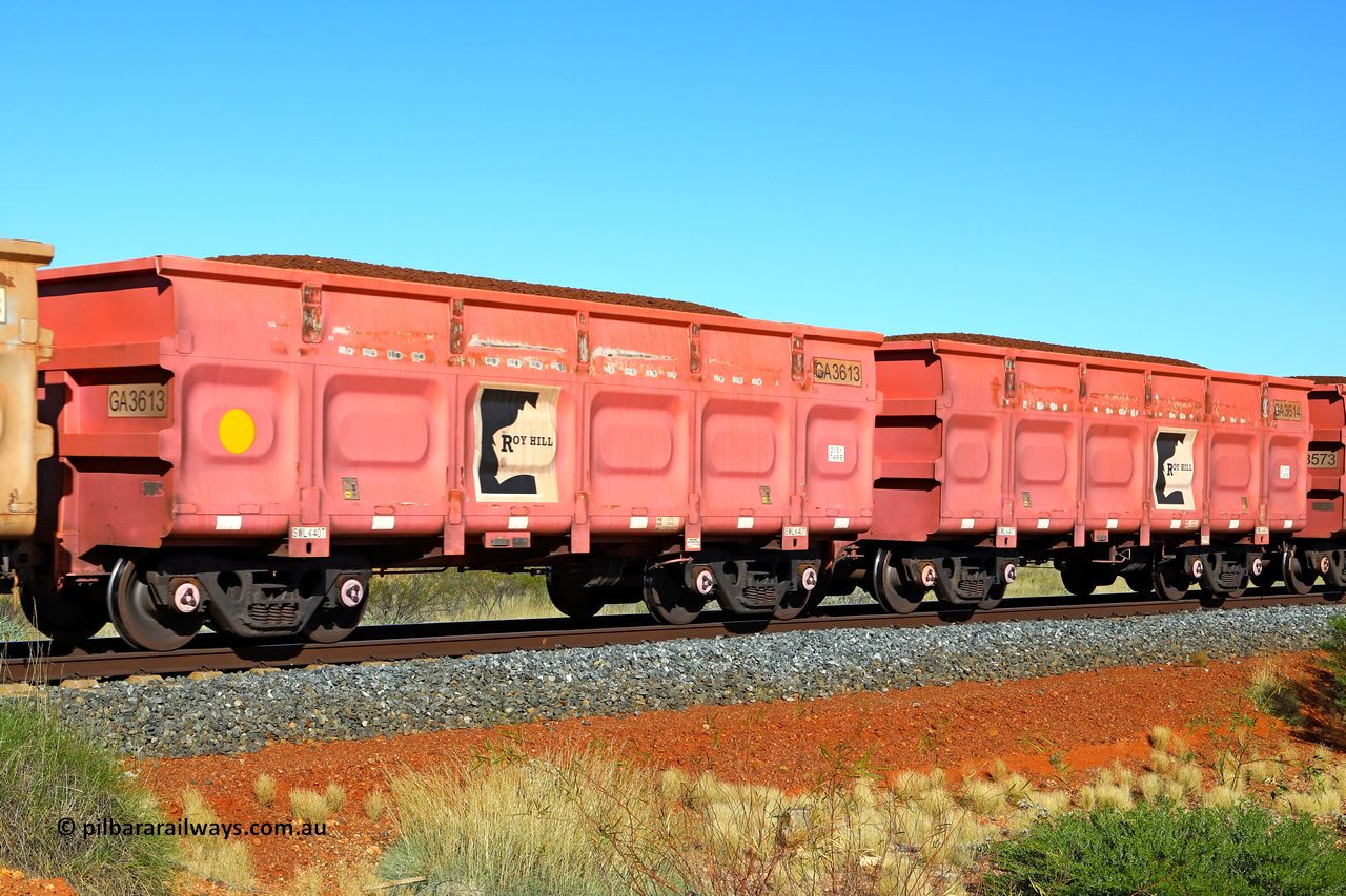 250501 0415
At the 88.448 km, just south of HPPL crossing loop on the Roy Hill line, loaded Roy Hill waggon pair GA 3613 - GA 3614, built in China by CRRC Yangtze as an CCK138 model ore waggon in Breast Cancer Awareness pink livery. May 1, 2025.
Keywords: GA-type;GA3613-GA3614;CRRC-Yangtze;CCK138