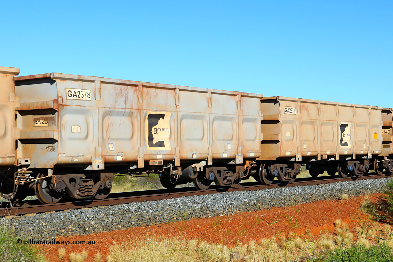 250501 0461
At the 88.448 km, just south of HPPL crossing loop on the Roy Hill line, empty Roy Hill waggon pair GA 2377 - GA 2378, built in China by CSR Yangtze as an CCK138 model ore waggon. May 1, 2025.
Keywords: GA-type;GA2377-GA2378;CSR-Yangtze;CCK138;