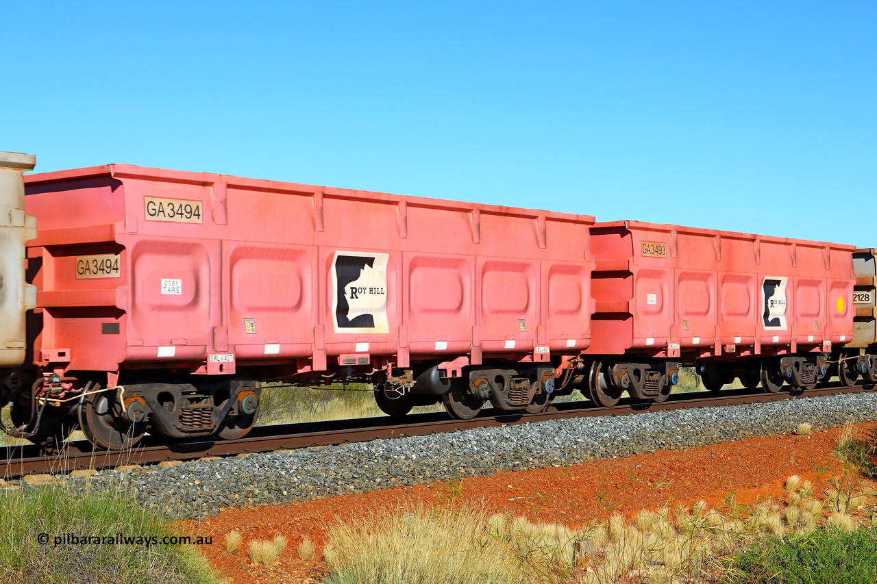 250501 0466
At the 88.448 km, just south of HPPL crossing loop on the Roy Hill line, empty Roy Hill waggon pair GA 3493 - GA 3494, built in China by CRRC Yangtze as an CCK138 model ore waggon in Breast Cancer Awareness pink livery. May 1, 2025.
Keywords: GA-type;GA3493-GA3494;CRRC-Yangtze;CCK138;
