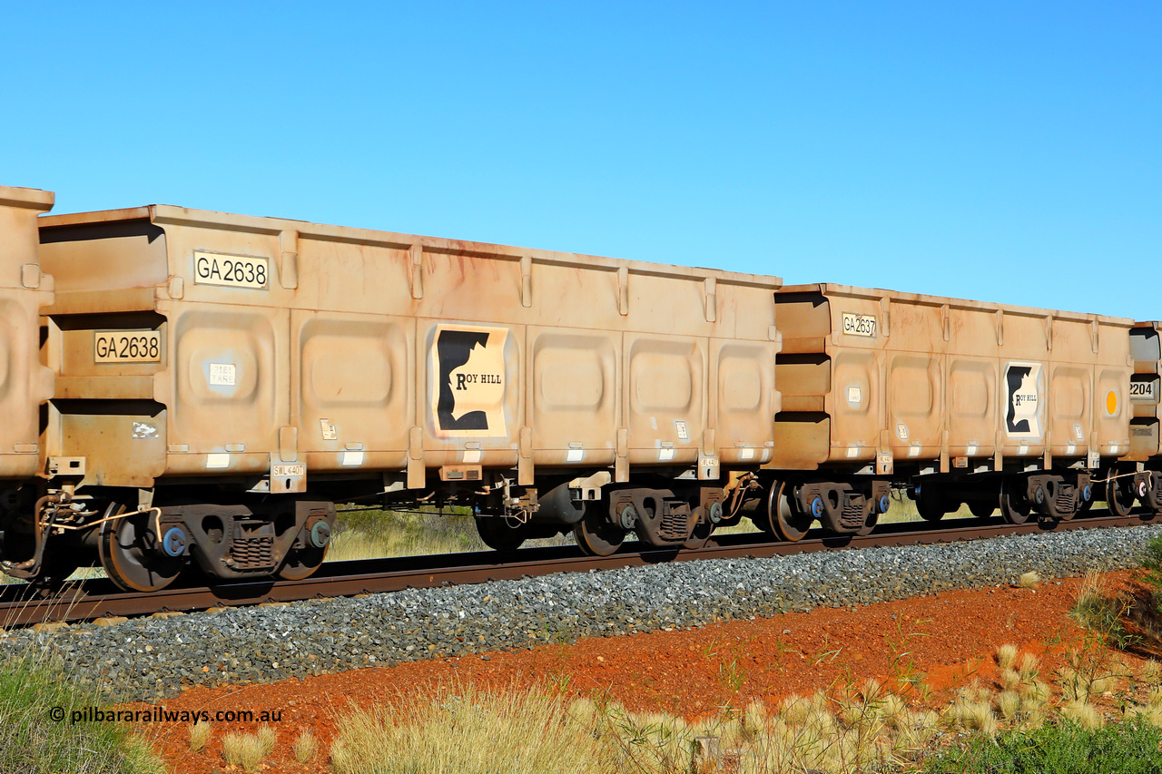250501 0468
At the 88.448 km, just south of HPPL crossing loop on the Roy Hill line, empty Roy Hill waggon pair GA 2637 - GA 2638, built in China by CSR Yangtze as an CCK138 model ore waggon. May 1, 2025.
Keywords: GA-type;GA2637-GA2638;CSR-Yangtze;CCK138;