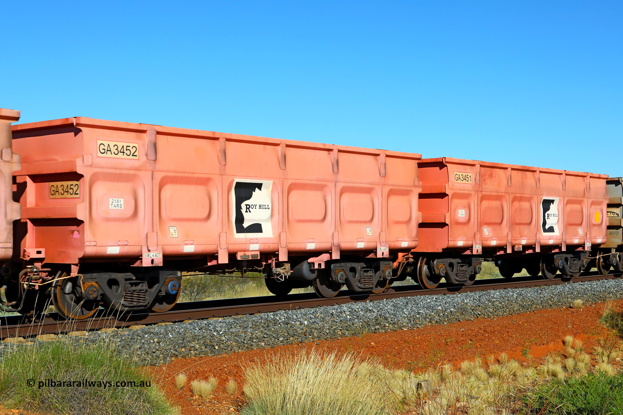 250501 0475
At the 88.448 km, just south of HPPL crossing loop on the Roy Hill line, empty Roy Hill waggon pair GA 3451 - GA 3452, built in China by CRRC Yangtze as an CCK138 model ore waggon in Breast Cancer Awareness pink livery. May 1, 2025.
Keywords: GA-type;GA3451-GA3452;CRRC-Yangtze;CCK138;