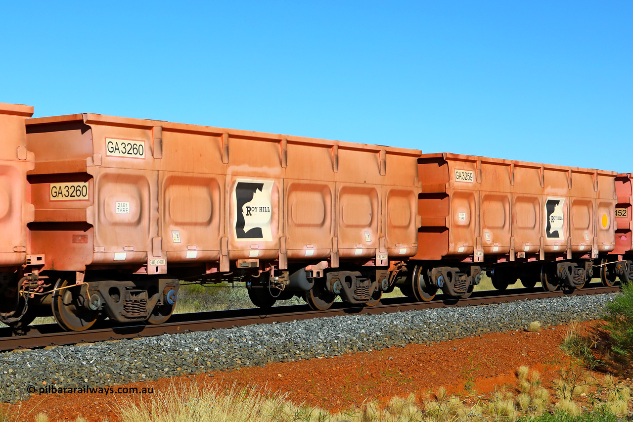 250501 0476
At the 88.448 km, just south of HPPL crossing loop on the Roy Hill line, empty Roy Hill waggon pair GA 3259 - GA 3260, built in China by CRRC Yangtze as an CCK138 model ore waggon in Breast Cancer Awareness pink livery. May 1, 2025.
Keywords: GA-type;GA3259-GA3260;CRRC-Yangtze;CCK138;