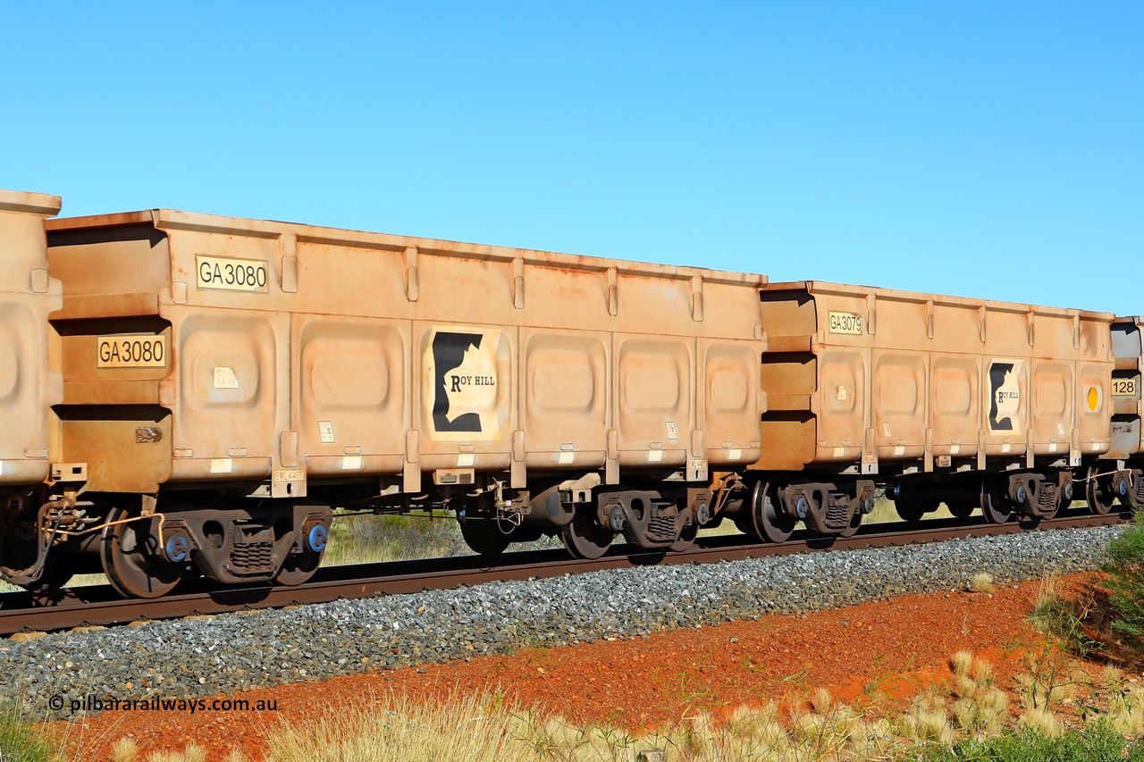 250501 0489
At the 88.448 km, just south of HPPL crossing loop on the Roy Hill line, empty Roy Hill waggon pair GA 3079 - GA 3080, built in China by CSR Yangtze as an CCK138 model ore waggon. May 1, 2025.
Keywords: GA-type;GA3079-GA3080;CSR-Yangtze;CCK138
