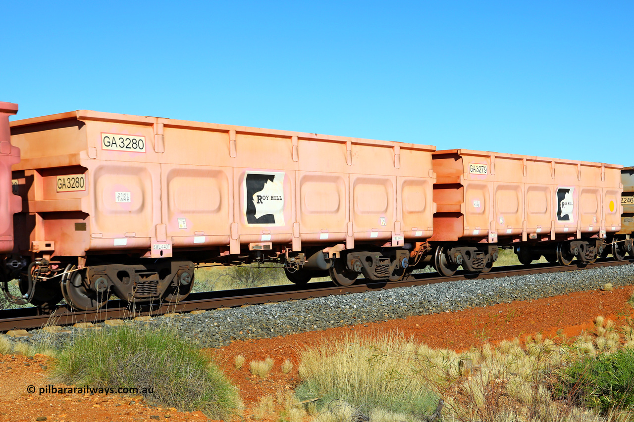 250501 0512
At the 88.448 km, just south of HPPL crossing loop on the Roy Hill line, empty Roy Hill waggon pair GA 3279 - GA 3280, built in China by CRRC Yangtze as an CCK138 model ore waggon in Breast Cancer Awareness pink livery. May 1, 2025
Keywords: GA-type;GA3279-GA3280;CRRC-Yangtze;CCK138;
