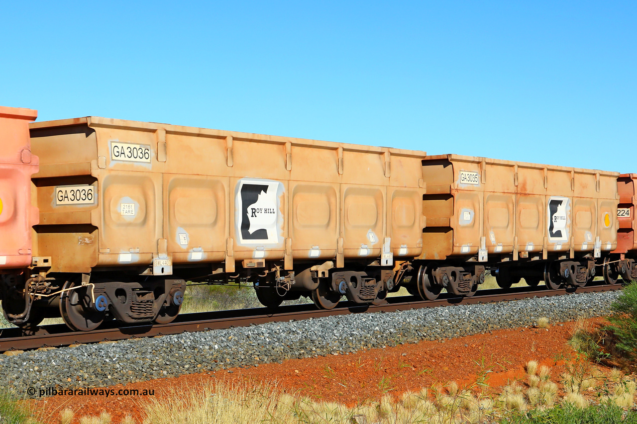 250501 0516
At the 88.448 km, just south of HPPL crossing loop on the Roy Hill line, empty Roy Hill waggon pair GA 3035 - GA 3036, built in China by CSR Yangtze as an CCK138 model ore waggon. May 1, 2025.
Keywords: GA-type;GA3035-GA3036;CSR-Yangtze;CCK138;