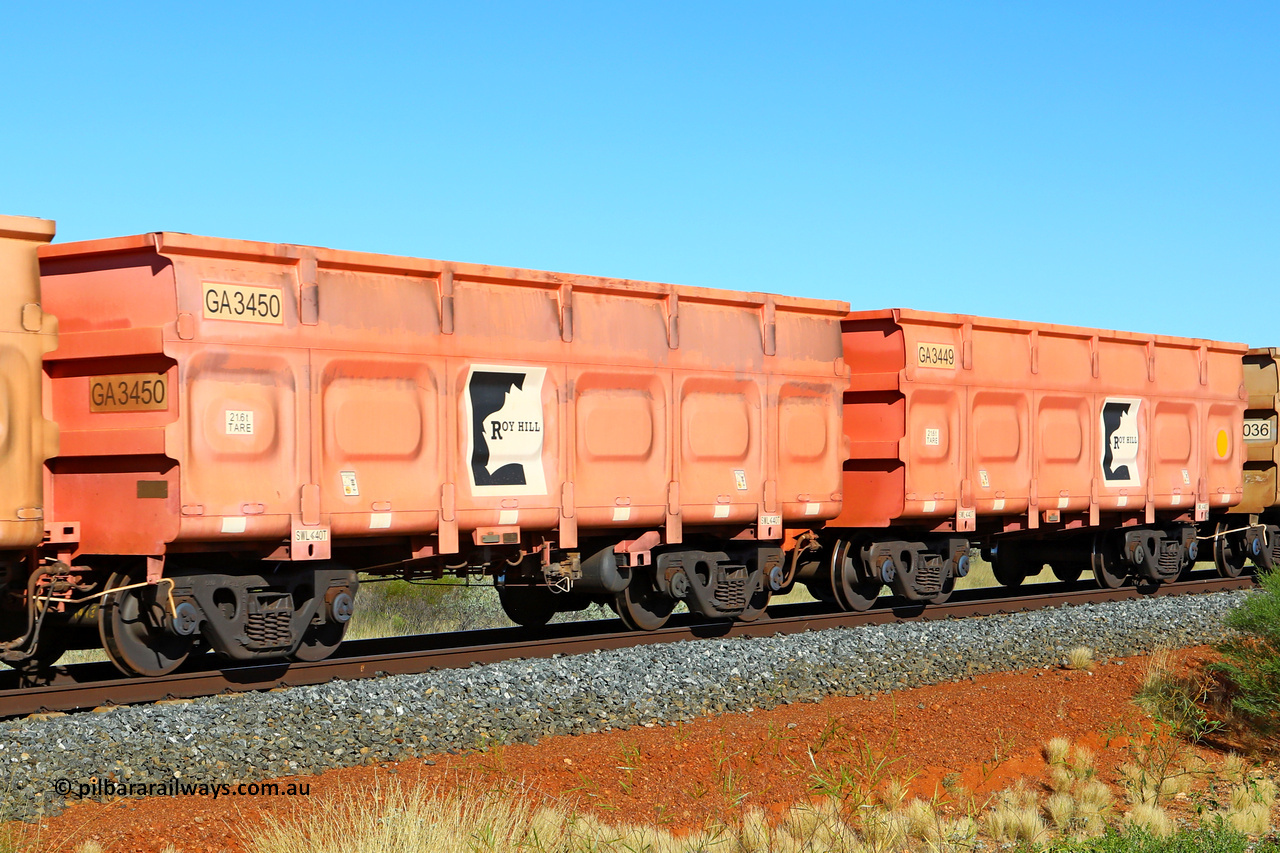 250501 0517
At the 88.448 km, just south of HPPL crossing loop on the Roy Hill line, empty Roy Hill waggon pair GA 3449 - GA 3450, built in China by CRRC Yangtze as an CCK138 model ore waggon in Breast Cancer Awareness pink livery. May 1, 2025
Keywords: GA-type;GA3449-GA3450;CRRC-Yangtze;CCK138;
