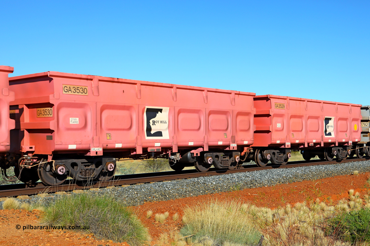 250501 0523
At the 88.448 km, just south of HPPL crossing loop on the Roy Hill line, empty Roy Hill waggon pair GA 3529 - GA 3530, built in China by CRRC Yangtze as an CCK138 model ore waggon in Breast Cancer Awareness pink livery. May 1, 2025
Keywords: GA-type;GA3529-GA3530;CRRC-Yangtze;CCK138;