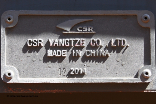 150314 7783
Wedgefield, following the delivery of Roy Hill's 1196 new GA type CCK138 model waggons, they were stored in several site whilst awaiting for enough track to be laid to allow delivery onto rail. GA2079 builders plate shows CSR Yangtze, stamped for 12/2014. March 14. 2015.
Keywords: GA-type;GA2079;CSR-Yangtze;CCK138;