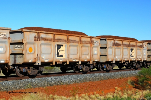 250501 0309
At the 88.448 km, just south of HPPL crossing loop on the Roy Hill line, loaded Roy Hill waggon pair GA 2253 - GA 2254, built in China by CSR Yangtze as an CCK138 model ore waggon. May 1, 2025.
Keywords: GA-type;GA2253-GA2254;CSR-Yangtze;CCK138;