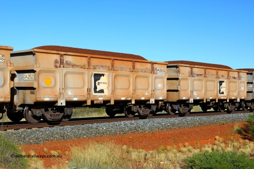 250501 0330
At the 88.448 km, just south of HPPL crossing loop on the Roy Hill line, loaded Roy Hill waggon pair GA 2523 - GA 2524, built in China by CSR Yangtze as an CCK138 model ore waggon. May 1, 2025.
Keywords: GA-type;GA2523-GA2524;CSR-Yangtze;CCK138;