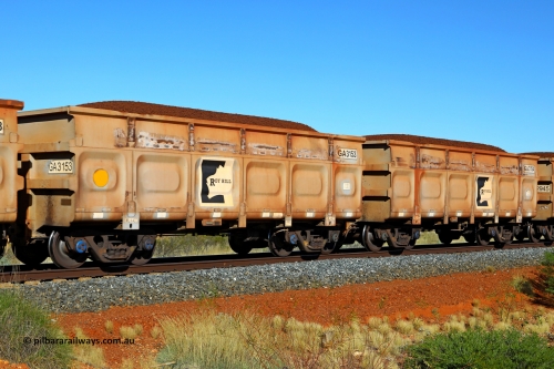 250501 0354
At the 88.448 km, just south of HPPL crossing loop on the Roy Hill line, loaded Roy Hill waggon pair GA 3153 - GA 3154, built in China by CSR Yangtze as an CCK138 model ore waggon. May 1, 2025.
Keywords: GA-type;GA3153-GA3154;CSR-Yangtze;CCK138;