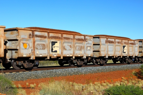 250501 0380
At the 88.448 km, just south of HPPL crossing loop on the Roy Hill line, loaded Roy Hill waggon pair GA 2261 - GA 2262, built in China by CSR Yangtze as an CCK138 model ore waggon. May 1, 2025.
Keywords: GA-type;GA2261-GA2262;CSR-Yangtze;CCK138;