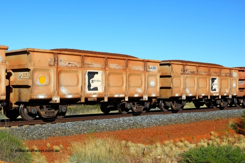 250501 0390
At the 88.448 km, just south of HPPL crossing loop on the Roy Hill line, loaded Roy Hill waggon pair GA 3053 - GA 3054, built in China by CSR Yangtze as an CCK138 model ore waggon. May 1, 2025.
Keywords: GA-type;GA3053-GA3054;CSR-Yangtze;CCK138;