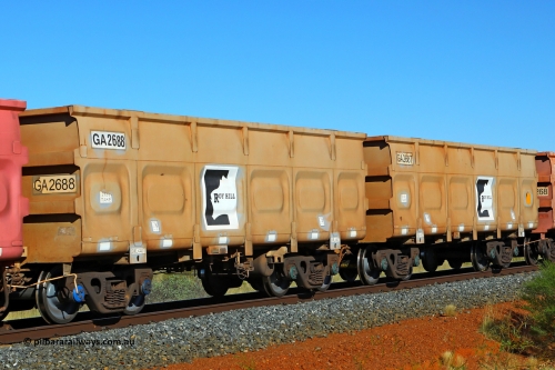 250501 0433
At the 88.448 km, just south of HPPL crossing loop on the Roy Hill line, empty Roy Hill waggon pair GA 2687 - GA 2688, built in China by CSR Yangtze as an CCK138 model ore waggon. May 1, 2025.
Keywords: GA-type;GA2687-GA2688;CSR-Yangtze;CCK138;