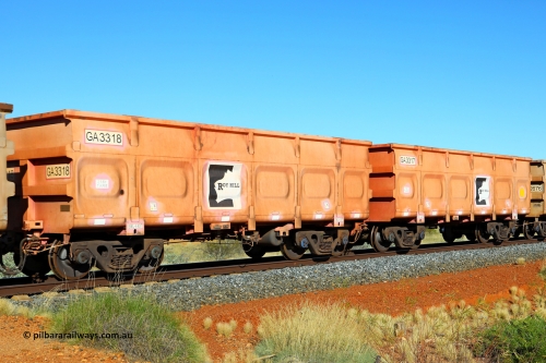 250501 0456
At the 88.448 km, just south of HPPL crossing loop on the Roy Hill line, empty Roy Hill waggon pair GA 3317 - GA 3318, built in China by CRRC Yangtze as an CCK138 model ore waggon in Breast Cancer Awareness pink livery. May 1, 2025.
Keywords: GA-type;GA3317-GA3318;CRRC-Yangtze;CCK138;