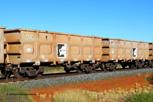 250501 0460
At the 88.448 km, just south of HPPL crossing loop on the Roy Hill line, empty Roy Hill waggon pair GA 3139 - GA 3140, built in China by CSR Yangtze as an CCK138 model ore waggon. May 1, 2025.
Keywords: GA-type;GA3139-GA3140;CSR-Yangtze;CCK138;