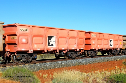 250501 0473
At the 88.448 km, just south of HPPL crossing loop on the Roy Hill line, empty Roy Hill waggon pair GA 3445 - GA 3446, built in China by CRRC Yangtze as an CCK138 model ore waggon in Breast Cancer Awareness pink livery. May 1, 2025.
Keywords: GA-type;GA3445-GA3446;CRRC-Yangtze;CCK138;