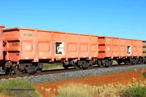 250501 0481
At the 88.448 km, just south of HPPL crossing loop on the Roy Hill line, empty Roy Hill waggon pair GA 3359 - GA 3360, built in China by CRRC Yangtze as an CCK138 model ore waggon in Breast Cancer Awareness pink livery. May 1, 2025.
Keywords: GA-type;GA3359-GA3360;CRRC-Yangtze;CCK138