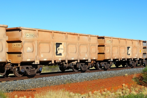 250501 0489
At the 88.448 km, just south of HPPL crossing loop on the Roy Hill line, empty Roy Hill waggon pair GA 3079 - GA 3080, built in China by CSR Yangtze as an CCK138 model ore waggon. May 1, 2025.
Keywords: GA-type;GA3079-GA3080;CSR-Yangtze;CCK138