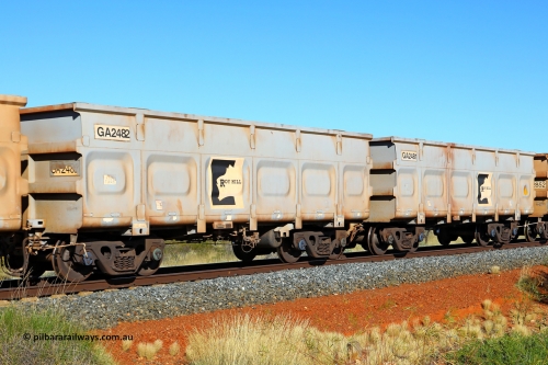 250501 0495
At the 88.448 km, just south of HPPL crossing loop on the Roy Hill line, empty Roy Hill waggon pair GA 2481 - GA 2482, built in China by CSR Yangtze as an CCK138 model ore waggon. May 1, 2025.
Keywords: GA-type;GA2481-GA2482;CSR-Yangtze;CCK138;
