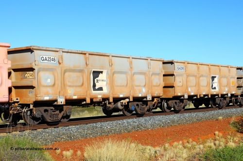 250501 0511
At the 88.448 km, just south of HPPL crossing loop on the Roy Hill line, empty Roy Hill waggon pair GA 2245 - GA 2246, built in China by CSR Yangtze as an CCK138 model ore waggon. May 1, 2025.
Keywords: GA-type;GA2245-GA2246;CSR-Yangtze;CCK138;