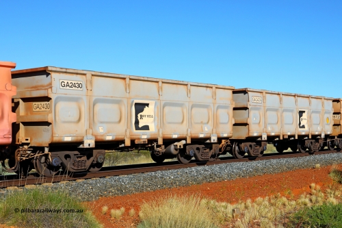 250501 0530
At the 88.448 km, just south of HPPL crossing loop on the Roy Hill line, empty Roy Hill waggon pair GA 2429 - GA 2430, built in China by CSR Yangtze as an CCK138 model ore waggon. May 1, 2025.
Keywords: GA-type;GA2429-GA2430;CSR-Yangtze;CCK138;