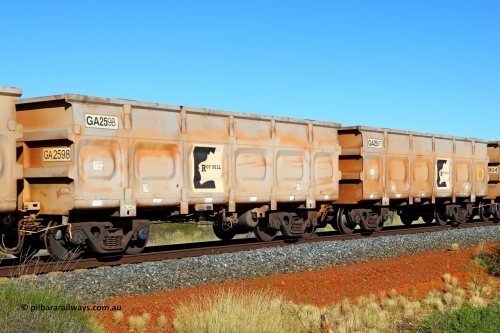 250501 0543
At the 88.448 km, just south of HPPL crossing loop on the Roy Hill line, empty Roy Hill waggon pair GA 2597 - GA 2598, built in China by CSR Yangtze as an CCK138 model ore waggon. May 1, 2025.
Keywords: GA-type;GA2597-GA2598;CSR-Yangtze;CCK138;