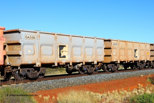 250501 0544
At the 88.448 km, just south of HPPL crossing loop on the Roy Hill line, empty Roy Hill waggon pair GA 2493 - GA 2494, built in China by CSR Yangtze as an CCK138 model ore waggon. May 1, 2025.
Keywords: GA-type;GA2493-GA2494;CSR-Yangtze;CCK138;