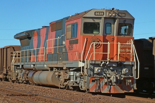 5639 roster rhs 040627 151710
Nelson Point, BHP Billiton's Goninan ALCo to GE rebuild CM40-8M 5639 'Corunna Downs' serial 8281-03 / 92-128 sits in the afternoon Pilbara sun at Car Dumper Two. 5639 was rebuilt from AE Goodwin built ALCo C636 locomotive 5459 in 1992. 27th of June 2004.
Keywords: 5639;Goninan;GE;CM40-8M;8281-03/92-128;rebuild;AE-Goodwin;ALCo;C636;5459;G6027-3;