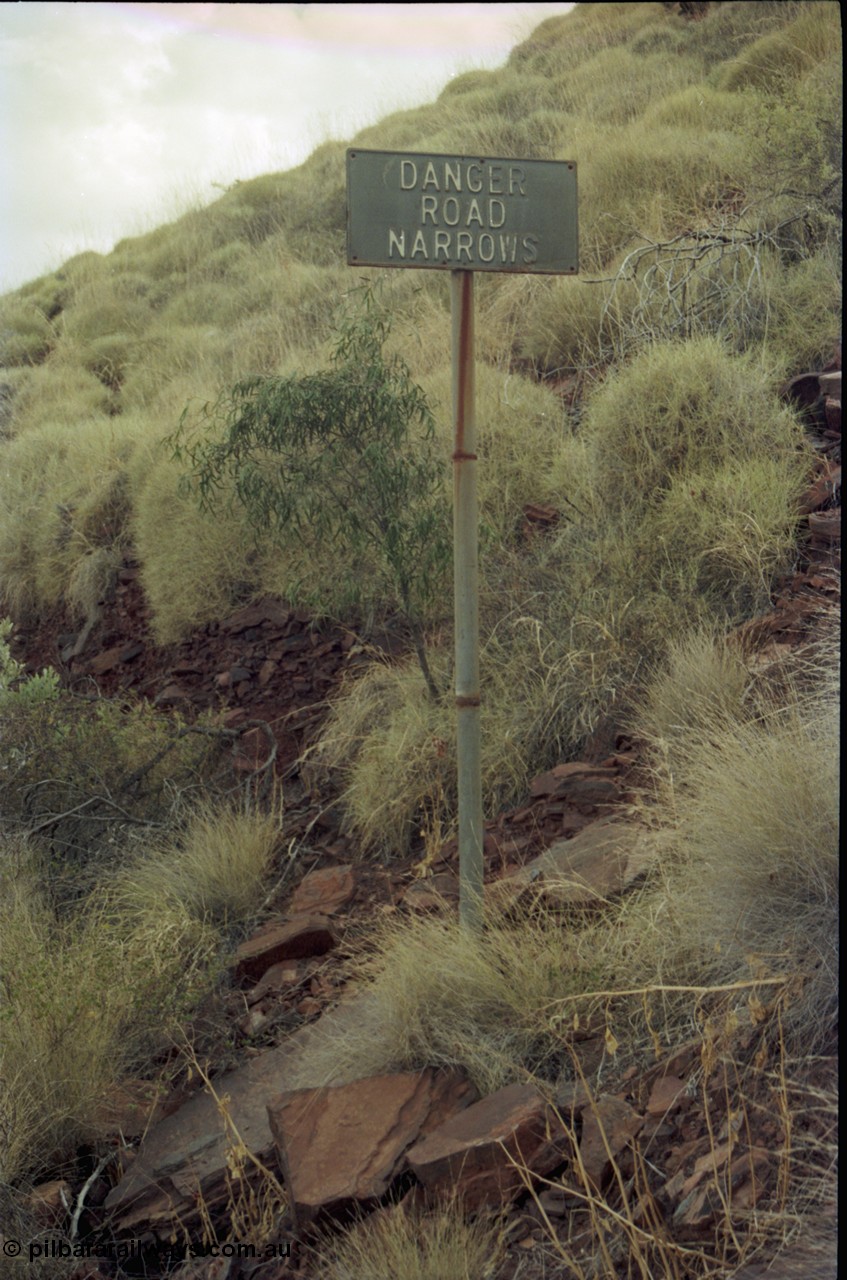 194-26
Wittenoom Gorge, Colonial Mine, asbestos mining remains, sign on one of the access roads around the mill.
