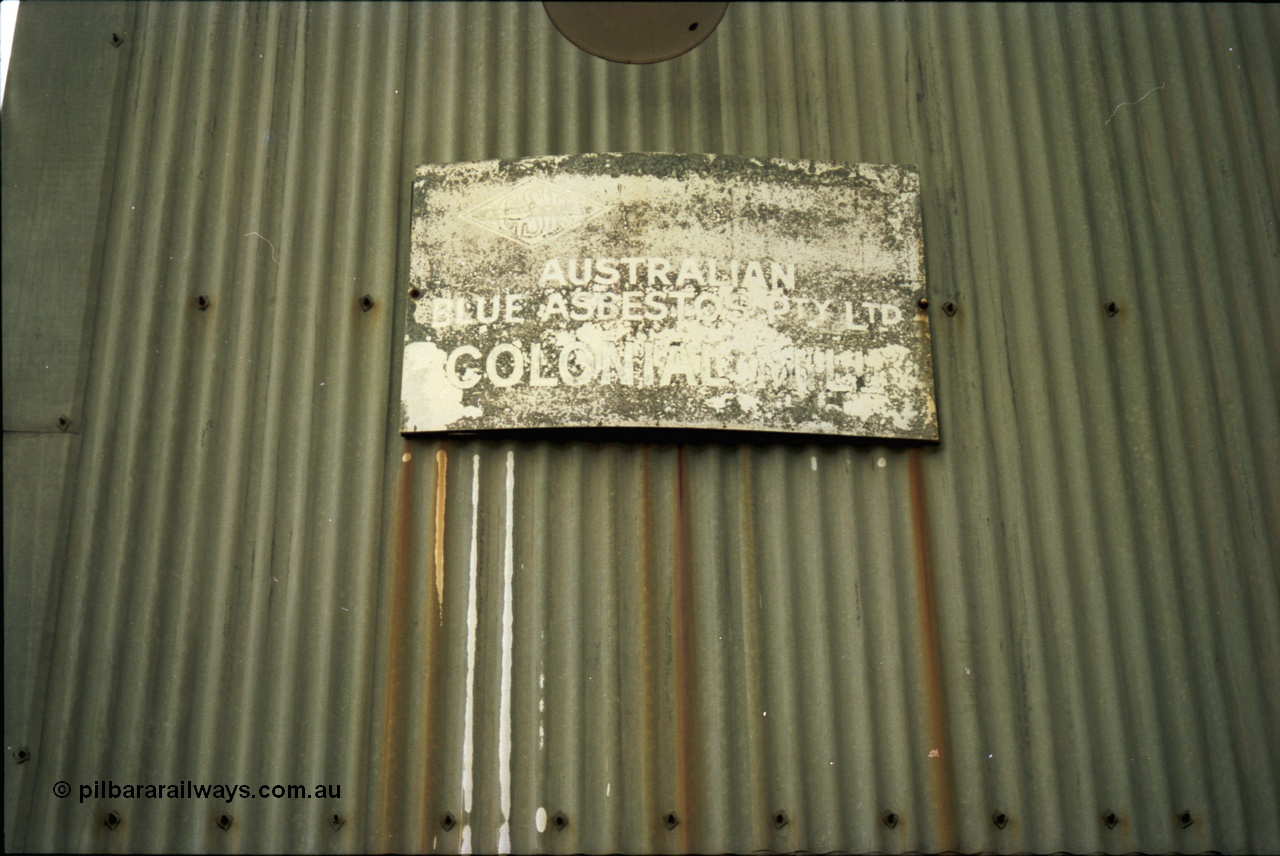 195-25
Wittenoom Gorge, Australian Blue Asbestos or ABA Colonial Mill, sign shows CSR Australian Blue Asbestos Pty Ltd Colonial Mill.
