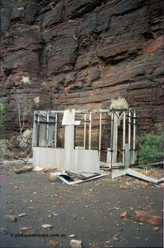 195-32
Wittenoom, West Gorge, Australian Blue Asbestos or ABA Colonial Mine, remains of a building on the adit level adjacent to no. 30.

