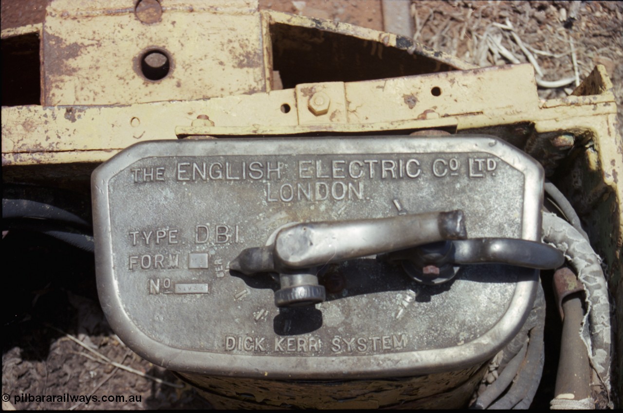 197-26
Wittenoom, Colonial Mine, top of control stand for locomotive with No.1 battery box, English Electric Co. D.B.1.. Form M3, Dick Kerr System, commonly referred to as the Dick Kerr DB1 controller.
Keywords: Dick-Kerr;DB1;English-Electric;