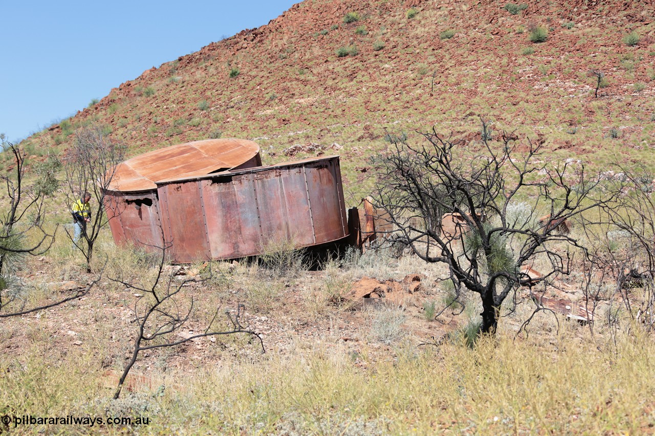 140517-4313
Eginbah Siding area, of the Marble Bar railway, former locomotive watering stop alongside the Talga River (closed in 1951), view of the tanks on collapsed stands, the line was behind the tanks. [url=https://goo.gl/maps/3S1PnLRSgKy]Location here[/url].

