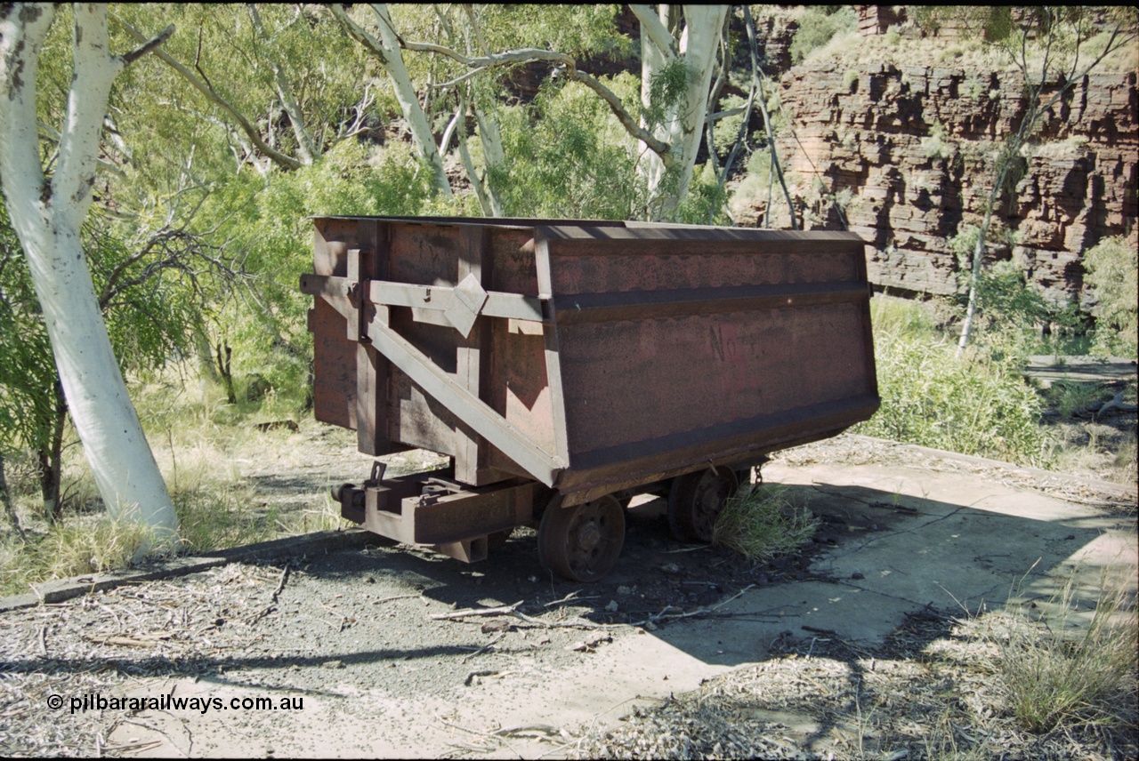 204-23
Wittenoom Gorge Mine, remains of asbestos mining, underground tipping ore car, shows side doo that opens when tipped to allow ore out of car.
