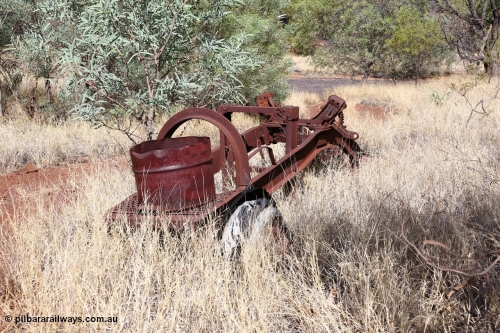 160103 9833
Located in the bush near Colonial Mill is this relic of a Fordson One Man Power Grader originally supplied by Lynas Motors Ltd. An old newspaper article on these graders can be found [url=http://www.trove.nla.gov.au/ndp/del/page/4440149] here [/url]. Geodata: [url=https://goo.gl/maps/zwzb6Rchkzj] -22.3057767 118.3247750 [/url].
Keywords: Lynas-Motors-Ltd;Fordson-Power-Grader;