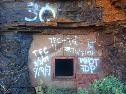 160710 iPh5S 2814
Wittenoom Gorge, Colonial Mine entry adit #30 sealed up, but with the blanking plate removed and evidence of entry. [url=https://goo.gl/maps/KyuKADKhUA5gEoPv7]Geodata[/url].
