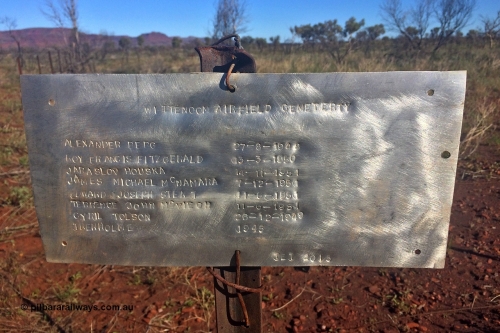 160711 iPh5S 2828
Wittenoom cemetery located in the grounds of the old airport alongside the old north-west/south-east running runway. Sign placed in 2015. [url=https://goo.gl/maps/sQrZQssJ7Cs6WeYc7]Location is here[/url].
More details can be found on these two websites, [url=http://www.ozburials.com/CemsWA/OtherCems/wittenoom.htm]Oz Burials[/url], and [url=http://wa4wd.net.au/lonely%20graves/Wittenoom%20cemetery.html]WA4WD[/url].
