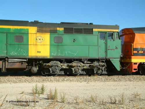 030403 154841
Gladstone, former South Australian Railways AE Goodwin built DL500G ALCo designated the 700 class, class leader 701 serial G6042-2, B end cab side shot, leads a grain train being loaded on the 3rd April 2003.
Keywords: 700-class;701;AE-Goodwin;ALCo;DL500G;G6042-2;