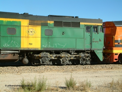030403 154946
Gladstone, former South Australian Railways AE Goodwin built DL500G ALCo designated the 700 class, class leader 701 serial G6042-2, B end cab side shot, leads a grain train being loaded on the 3rd April 2003.
Keywords: 700-class;701;AE-Goodwin;ALCo;DL500G;G6042-2;