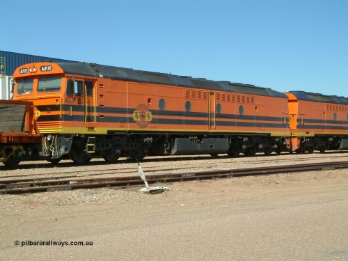 030404 131049
Port Augusta Spencer Junction yard, MKA (Morrison Knudsen Australia) rebuilt AL class AL 24 into EMD JT26C-2M model for Australian National in 1993 as the ALF class, here ALF 20 serial 94-AB-020 shunts empty rail transport waggon sets from the Darwin construction. 4th April, 2003.
Keywords: ALF-class;ALF20;MKA;EMD;JT26C-2M;94-AN-020;rebuild;AL-class;AL24;Clyde-Engineering;EMD;JT26C;76-840;
